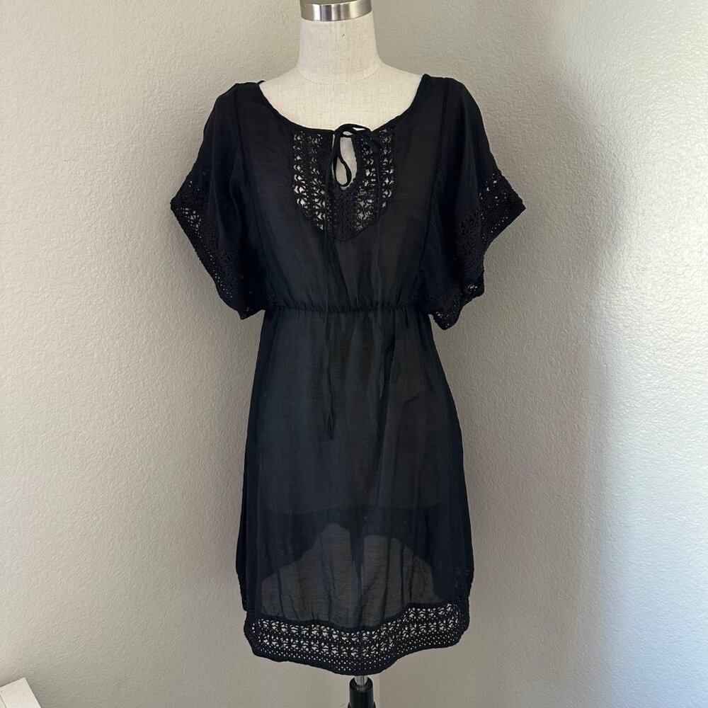Anthropologie HD In Paris Cover Up Mini Dress Lace Crochet Scoop Neck Black Sz 2